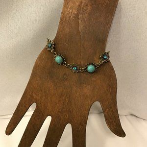 Dainty Gold Toned Ladies' Bracelet with Faux Turquoise Stones and Rhinestones